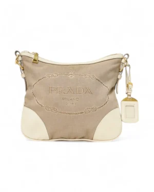 Prada Tracolla Logo Small Tela Beige Bianco