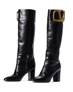 Valentino Stivale V Logo Alto Pelle Nero