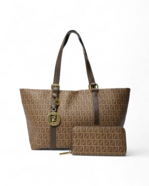 Fendi Completo Shopper + Portafoglio FF Logomania Marrone