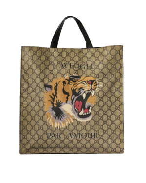 Gucci Tote Vertical Large Tiger GG Supreme Marrone