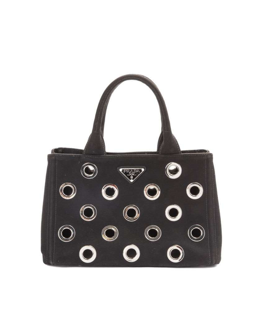 Prada Canapa Bag Small Grommet Denim Nera
