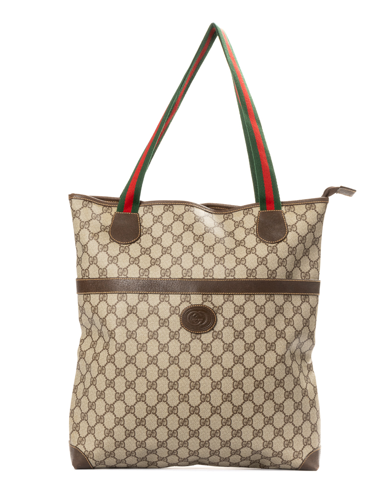 Gucci Tote Vertical Web Vintage GG Supreme Marrone