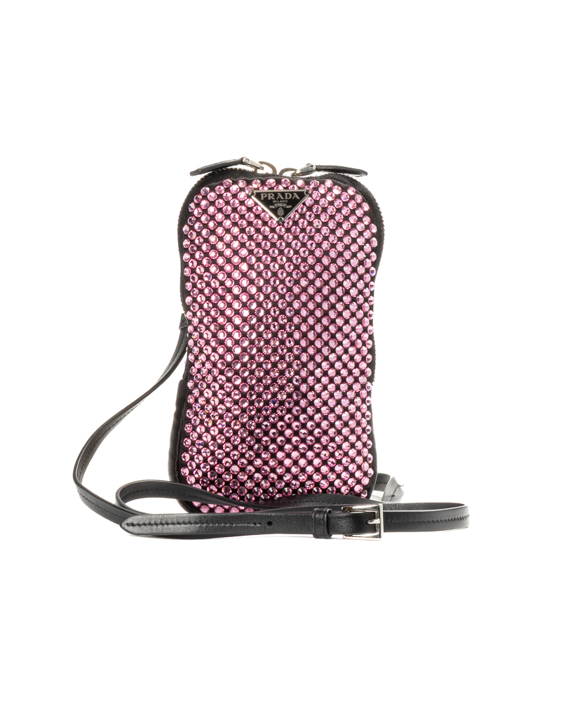 Prada Phone Holder Crystal Satin Nera Fucsia
