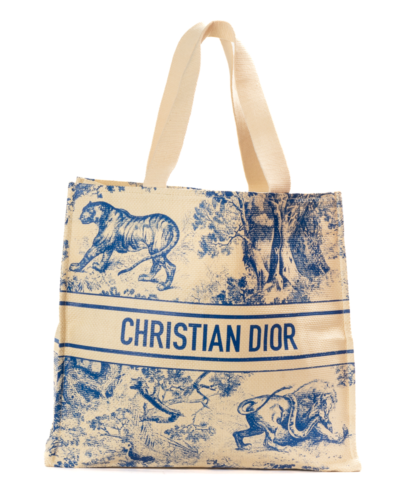 Dior Tote Toile De Jouy Medium Rafia Blu