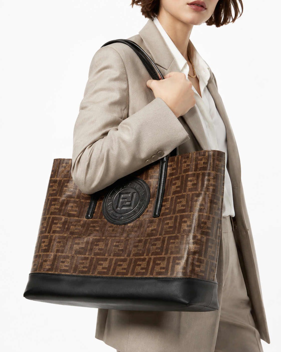 Alternative view of Fendi Tote Century Medium FF Logomania Marrone