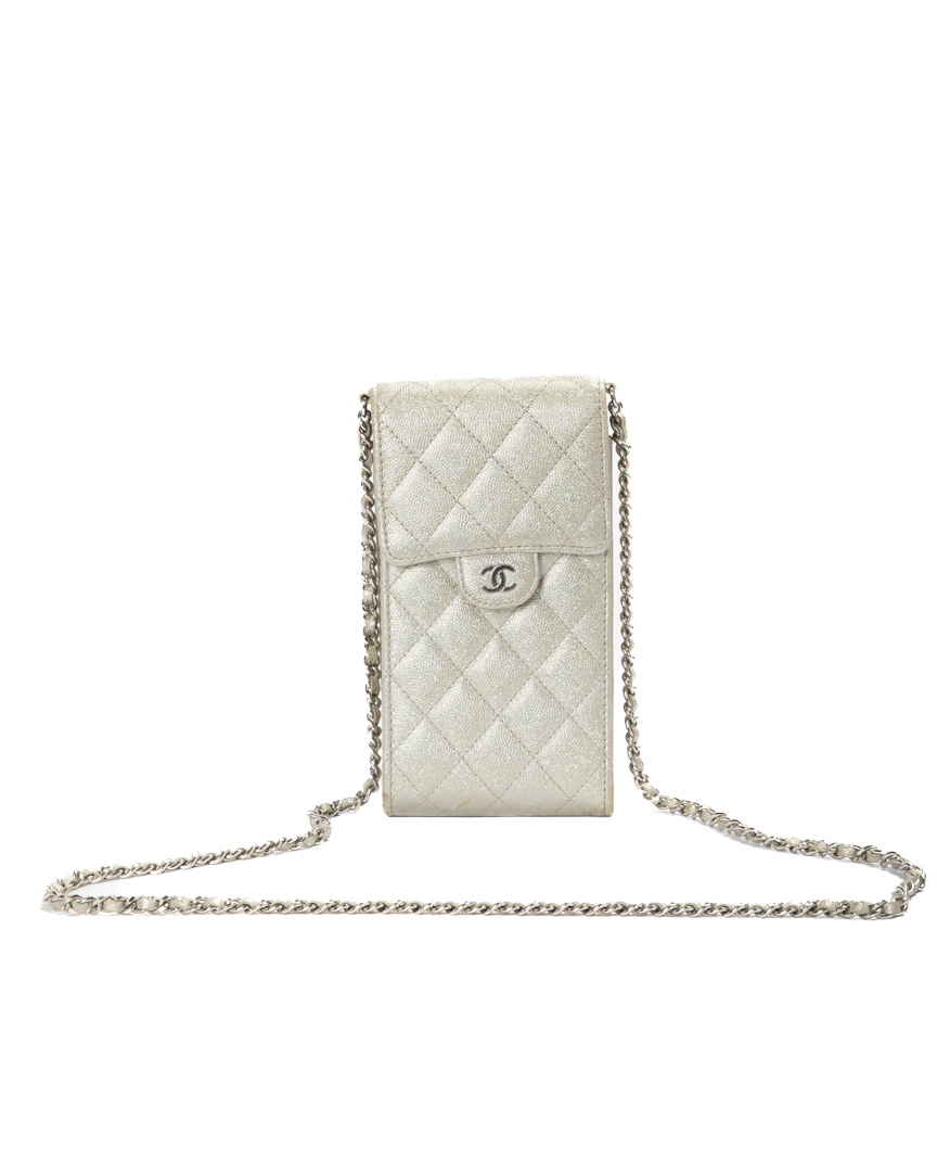 Chanel Phone Holder Timeless Caviar Glitter Argento