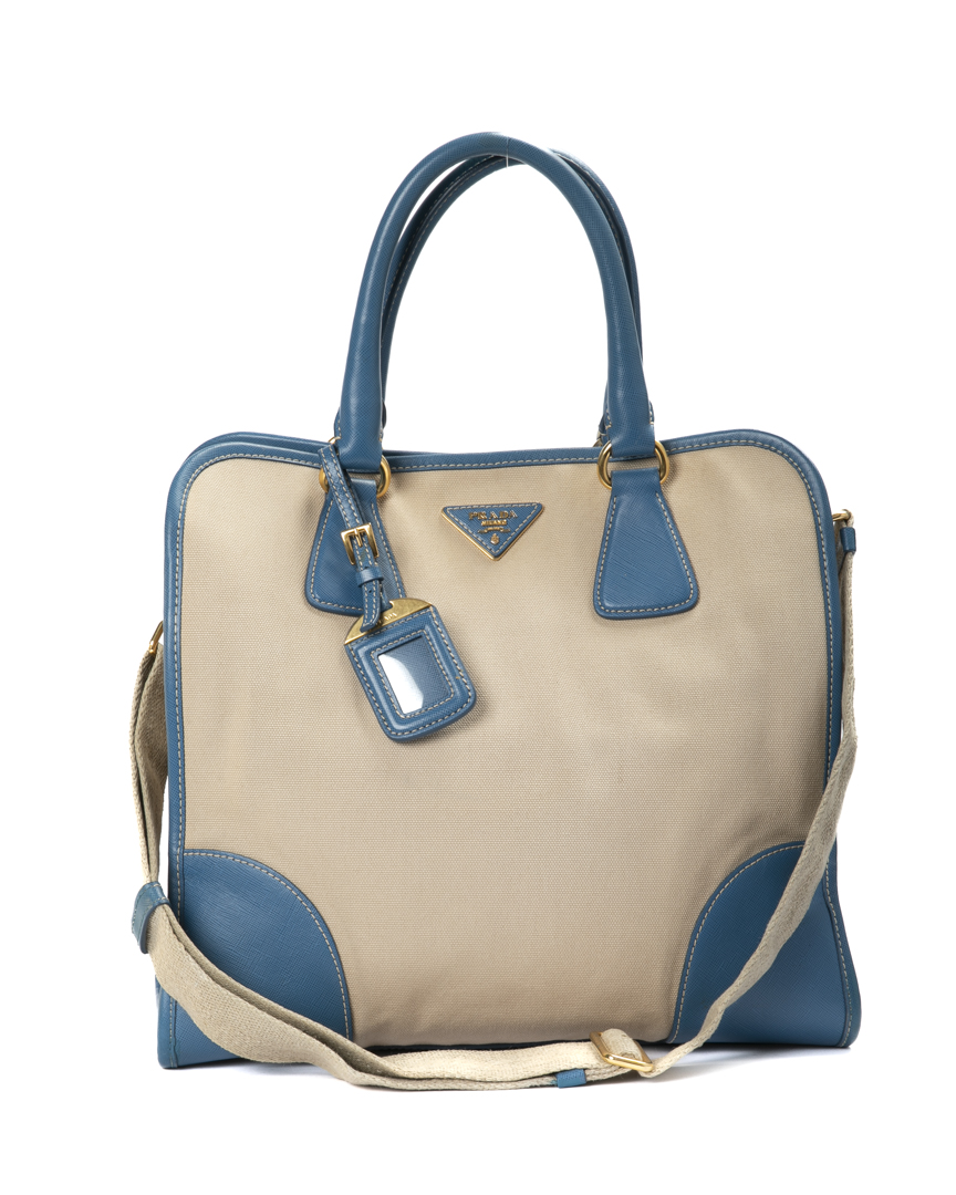 Prada Tote Square Medium Canvas Bicolor Azzurro
