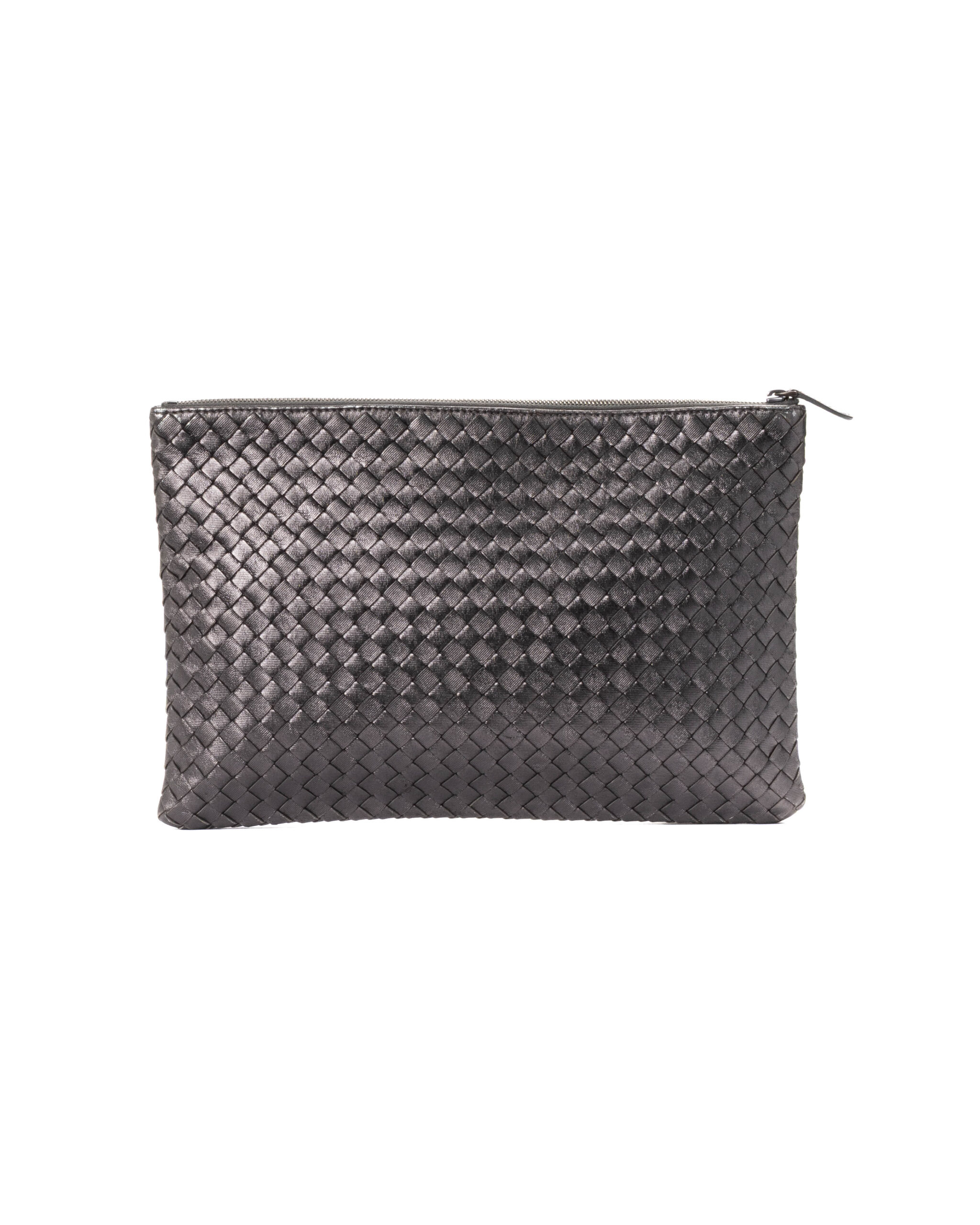 Bottega Veneta Pochette Zip Intrecciata Metalizzata Grigia