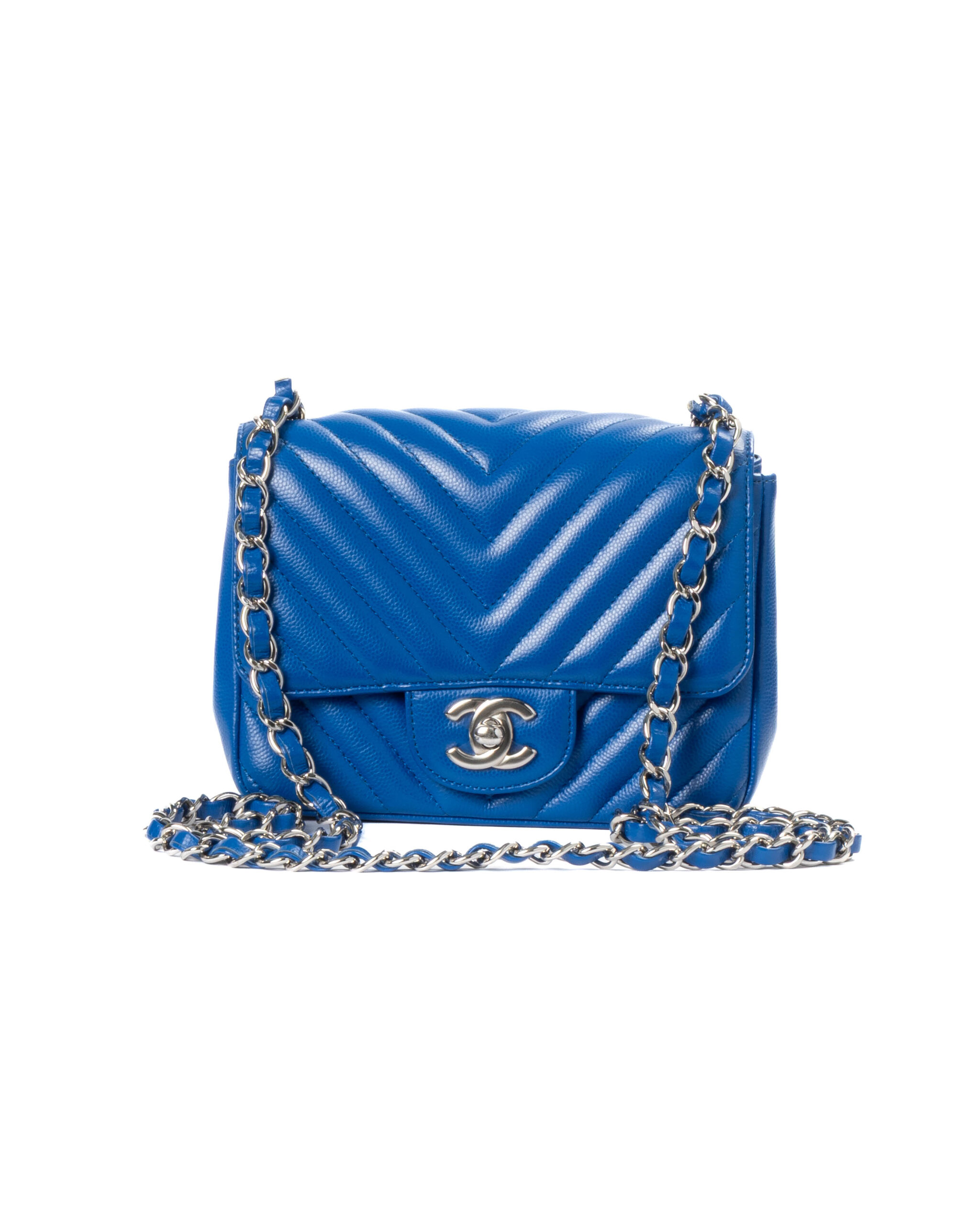 Chanel Mini Flap Square Chevron Caviar Blu Elettrico